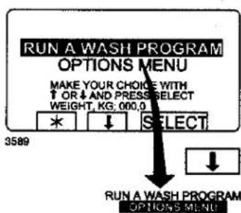 RUN A WASH PROGRAM OPTIONS MENU MAKE YOUR CHOICE WITH ↑ OR ↓ AND PRESS SELECT WEIGHT, KG: 000,0 * ↓ SELECT 3589 RUN A WASH PROGRAM OPTIONS MENU