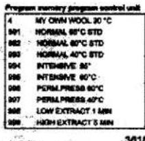 Program memory program control unit 4 MY OWN WOOL 30 °C 901 NORMAL 60°C STD 902 NORMAL 60°C STD 903 NORMAL 40°C STD 904 INTENSIVE 85° 905 INTENSIVE 60°C 906 PERM.PRESS 60°C 907 PERM.PRESS 40°C 908 LOW EXTRACT 1 MIN 909 HIGH EXTRACT 5 MIN