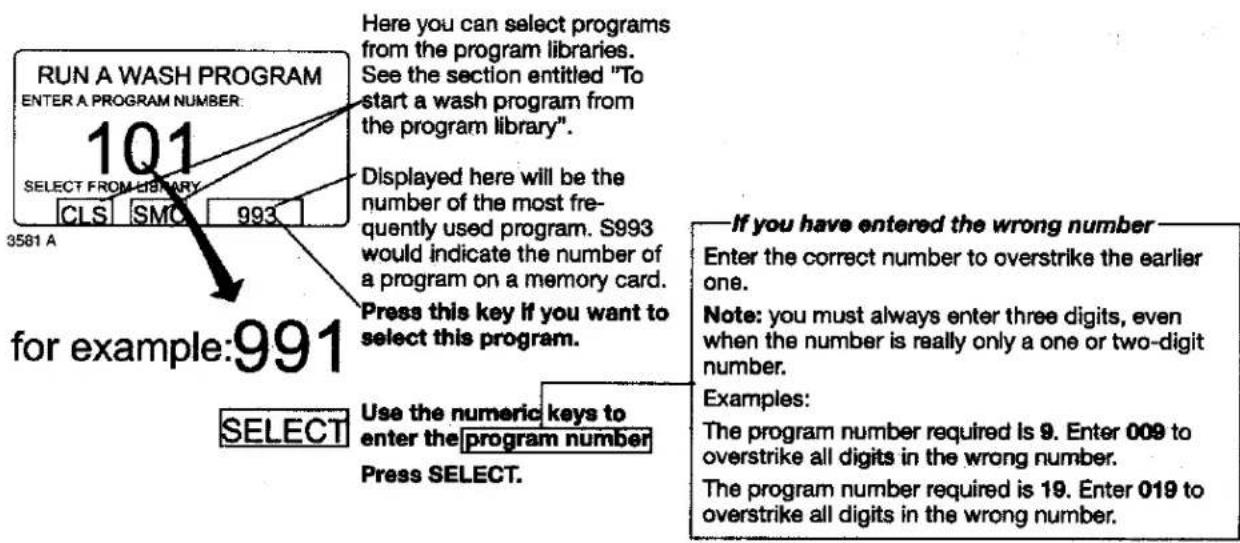 RUN A WASH PROGRAM ENTER A PROGRAM NUMBER: 101 SELECT FROM LIBRARY CLS SMO 993 3581 A for example:991 USE the numeric keys to enter the program number Press SELECT. Here you can select programs from the program libraries. See the section entitled "To start a wash program from the program library". Displayed here will be the number of the most fre- quently used program. S993 would indicate the number of a program on a memory card. Press this key if you want to select this program. If you have entered the wrong number Enter the correct number to overstrike the earlier one. Note: you must always enter three digits, even when the number is really only a one or two-digit number. Examples: The program number required is 9. Enter 009 to overstrike all digits in the wrong number. The program number required is 19. Enter 019 to overstrike all digits in the wrong number.