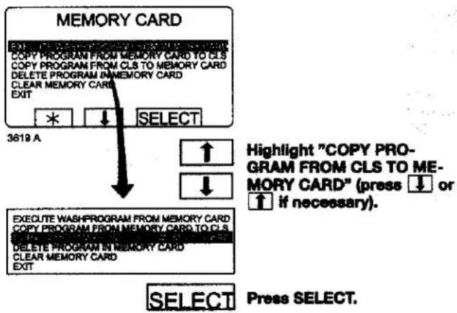 MEMORY CARD EXE COPY PROGRAM FROM MEMORY CARD TO CLS COPY PROGRAM FROM CLS TO MEMORY CARD DELETE PROGRAM IN MEMORY CARD CLEAR MEMORY CARD EXIT * ↓ SELECT 3619 A Highlight "COPY PRO- GRAM FROM CLS TO ME- MORY CARD" (press ↓ or ↑ if necessary). ↓ ↓ EXECUTE WASHPROGRAM FROM MEMORY CARD COPY PROGRAM FROM MEMORY CARD TO CLS DELETE PROGRAM IN MEMORY CARD CLEAR MEMORY CARD EXIT SELECT Press SELECT.