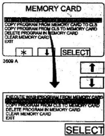 MEMORY CARD EXIT COPY PROGRAM FROM MEMORY CARD TO CLS COPY PROGRAM FROM CLS TO MEMORY CARD DELETE PROGRAM IN MEMORY CARD CLEAR MEMORY CARD EXIT * ↓ SELECT 3609 A ↓ EXECUTE WASHPROGRAM FROM MEMORY CARD COPY PROGRAM FROM CLS TO MEMORY CARD DELETE PROGRAM IN MEMORY CARD CLEAR MEMORY CARD EXIT SELECT