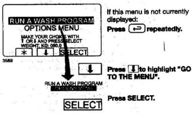 RUN A WASH PROGRAM OPTIONS MENU MAKE YOUR CHOICE WITH ↑ OR ↓ AND PRESS SELECT WEIGHT, KG: 000.0 * ↓ SELECT 3589 If this menu is not currently displayed: Press ↔ repeatedly. ↓ RUN A WASH PROGRAM SELECT MENU Press ↓ to highlight "GO TO THE MENU". Select Press SELECT.