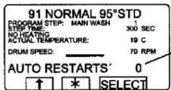 91 NORMAL 95° STD PROGRAM STEP: MAIN WASH 1 STEP TIME: 300 SEC NO HEATING ACTUAL TEMPERATURE: 19 C DRUM SPEED: 70 RPM AUTO RESTARTS' 0 ↑ * SELECT