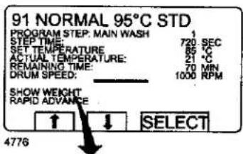 91 NORMAL 95°C STD PROGRAM STEP: MAIN WASH STEP TIME: 720 SEC SET TEMPERATURE: 85 °C ACTUAL TEMPERATURE: 21 °C REMAINING TIME: 70 MIN DRUM SPEED: 1000 RPM SHOW WEIGHT RAPID ADVANCE ↑ ↓ SELECT 4776
