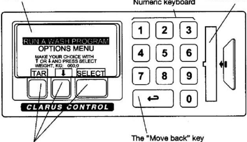 RUN A WASH PROGRAM OPTIONS MENU MAKE YOUR CHOICE WITH ↑ OR ↓ AND PRESS SELECT WEIGHT, KG: 000,0 TAR ↓ SELECT CLARUS CONTROL Numeric Keyboard 1 2 3 4 5 6 7 8 9 ← 0 The "Move back" key