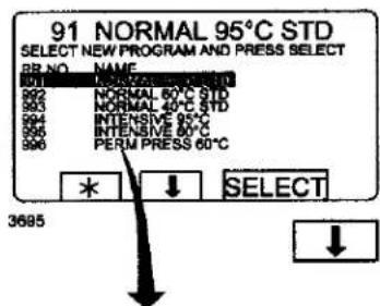 91 NORMAL 95°C STD SELECT NEW PROGRAM AND PRESS SELECT BR NO. NAME 8011 NORMAL 90°C STD 802 NORMAL 50°C STD 803 NORMAL 40°C STD 804 INTENSIVE 95°C 805 INTENSIVE 60°C 806 PERM PRESS 60°C * ↓ SELECT 3685