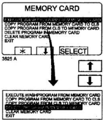 MEMORY CARD CREATE DATA FROM MEMORY CARD TO CLS COPY PROGRAM FROM MEMORY CARD TO CLS COPY PROGRAM FROM CLS TO MEMORY CARD DELETE PROGRAM IN MEMORY CARD CLEAR MEMORY CARD EXIT * ↓ SELECT 3625 A ↓ EXECUTE WASHPROGRAM FROM MEMORY CARD COPY PROGRAM FROM MEMORY CARD TO CLS COPY PROGRAM FROM CLS TO MEMORY CARD DELETE PROGRAM IN MEMORY CARD CLEAR MEMORY CARD EXIT