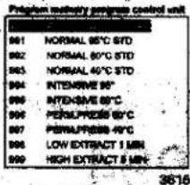 Program methodology program control unit 901 NORMAL 95°C STD 902 NORMAL 60°C STD 903 NORMAL 40°C STD 904 INTENSIVE 95° 905 INTENSIVE 85°C 906 PEREPLRASS 85°C 907 PEREPLRASS 45°C 908 LOW EXTRACT 1 MIN 909 HIGH EXTRACT 5 MIN 3615