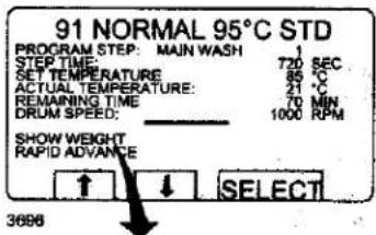 91 NORMAL 95°C STD PROGRAM STEP: MAIN WASH STEP TIME: 720 SEC SET TEMPERATURE: 85 °C ACTUAL TEMPERATURE: 21 °C REMAINING TIME: 70 MIN DRUM SPEED: 1000 RPM SHOW WEIGHT RAPID ADVANCE ↑ ↓ SELECT 3698