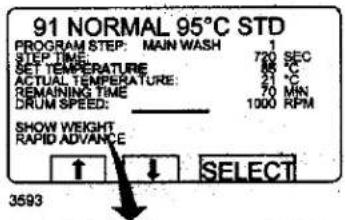 91 NORMAL 95°C STD PROGRAM STEP: MAIN WASH STEP TIME 720 SEC SET TEMPERATURE M ACTUAL TEMPERATURE: 21 °C REMAINING TIME 70 MIN DRUM SPEED: 1000 RPM SHOW WEIGHT RAPID ADVANCE ↑ ↓ SELECT 3593