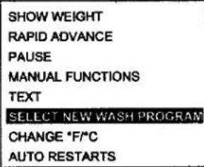 SHOW WEIGHT RAPID ADVANCE PAUSE MANUAL FUNCTIONS TEXT SELECT NEW WASH PROGRAM CHANGE °F/°C AUTO RESTARTS