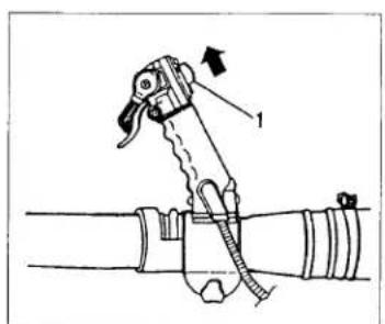 Technical diagram showing a mechanical clamp or tool with labeled component '1' and directional arrow