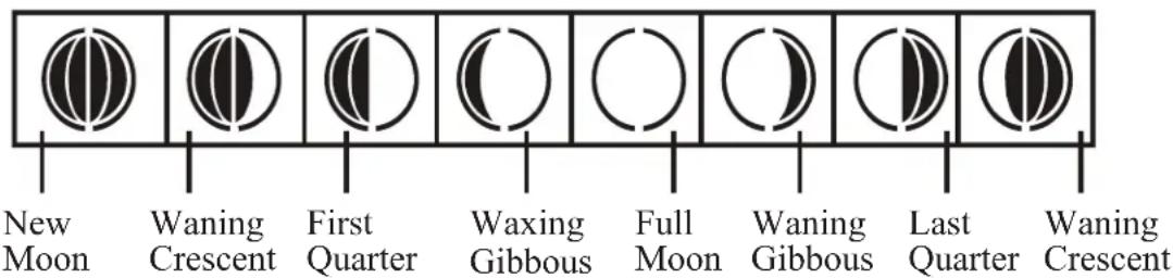 New Moon Waning Crescent First Quarter Waxing Gibbous Full Moon Waning Gibbous Last Quarter Waning Crescent