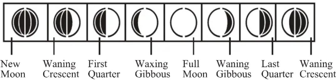 New Moon Waning Crescent First Quarter Waxing Gibbous Full Moon Waning Gibbous Last Quarter Waning Crescent