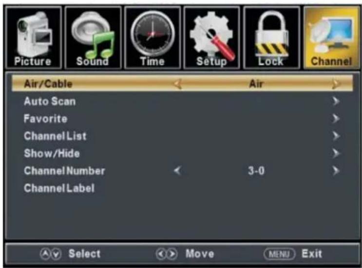 Picture Sound Time Setup Lock Channel Air/Cable Air Auto Scan Favorite Channel List Show/Hide Channel Number 3-0 Channel Label Select Move MENU Exit
