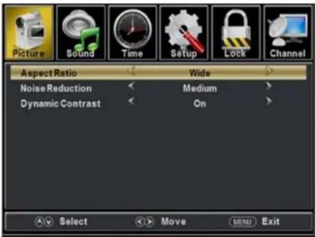 Picture Sound Time Setup Lock Channel Aspect Ratio Wide Noise Reduction Medium Dynamic Contrast On Select Move MENU Exit