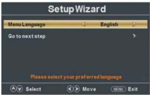 Setup Wizard Menu Language English Go to next step Please select your preferred language Select Move MENU Exit
