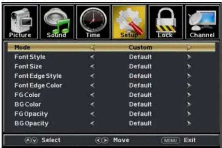Picture Sound Time Setup Lock Channel Mode Custom Font Style Default Font Size Default Font Edge Style Default Font Edge Color Default FG Color Default BG Color Default FG Opacity Default BG Opacity Default Select Move MENU Exit