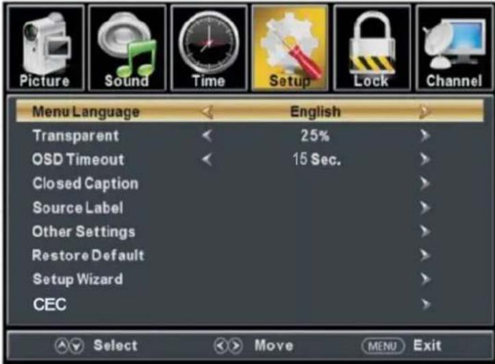 Picture Sound Time Setup Lock Channel Menu Language English Transparent 25% OSD Timeout 15 Sec. Closed Caption Source Label Other Settings Restore Default Setup Wizard CEC Select Move MENU Exit