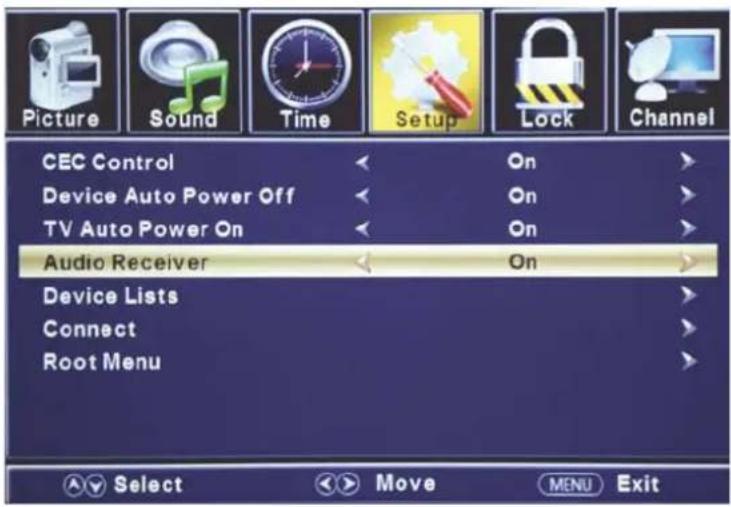 Picture Sound Time Setup Lock Channel CEC Control On Device Auto Power Off On TV Auto Power On On Audio Receiver On Device Lists Connect Root Menu Select Move MENU Exit