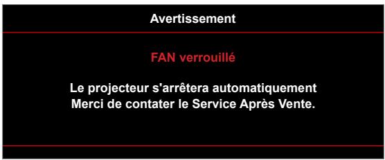 Avertissement FAN verrouillé Le projecteur s'arrêtera automatiquement Merci de contater le Service Après Vente.