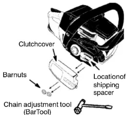 Clutchcover Barnuts Location of shipping spacer Chain adjustment tool (BarTool)