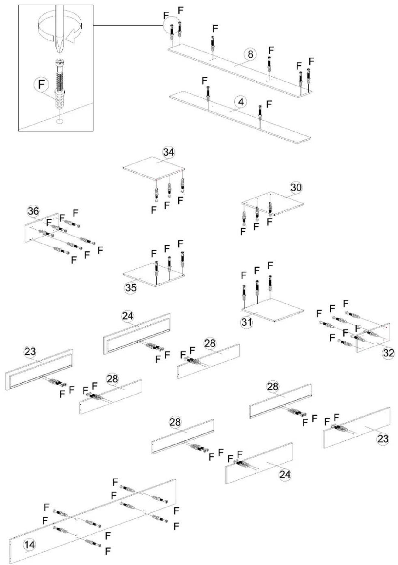 Technical diagram showing assembly steps of a mechanical component with labeled parts and numbered annotations