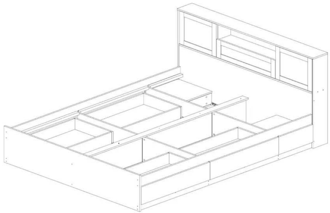 Isometric line drawing of a multi-level modular bed or shelf assembly (no text or symbols)