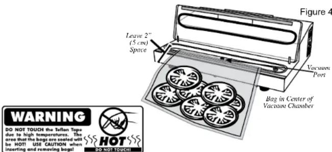 Figure 4 Leave 2" (5 cm) Space Vacuum Port Bag in Center of Vacuum Chamber WARNING DO NOT TOUCH the Teflon Tape due to high temperatures. The area that the bags are sealed with be HOT! USE CAUTION when inserting and removing bags! HOT DO NOT TOUCH!