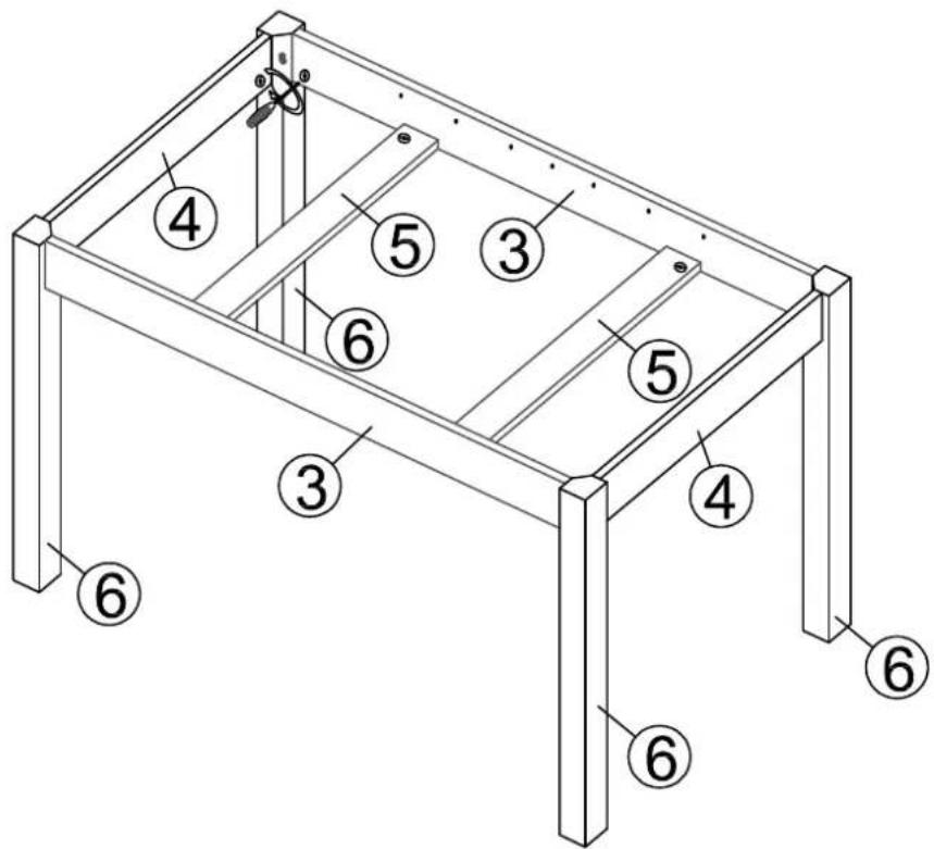 Technical diagram of a table frame structure with numbered components for assembly or maintenance reference.