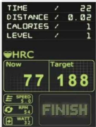 TIME / 22 DISTANCE / 0.02 CALORIES / 1 LEVEL / 1 HRC Now Target 77 188 E SPEED 5.0 RPM 54 WATT 32 FINISH