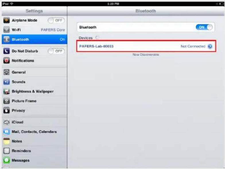 Airplane Mode OFF Wi-Fi PAFERS Core Bluetooth On Do Not Disturb OFF Notifications General Sounds Brightness & Wallpaper Picture Frame Privacy iCloud Mail, Contacts, Calendars Notes Reminders Messages 5:20 PM Bluetooth ON Devices PAFERS-Lab-00033 Not Connected Now Discoverable