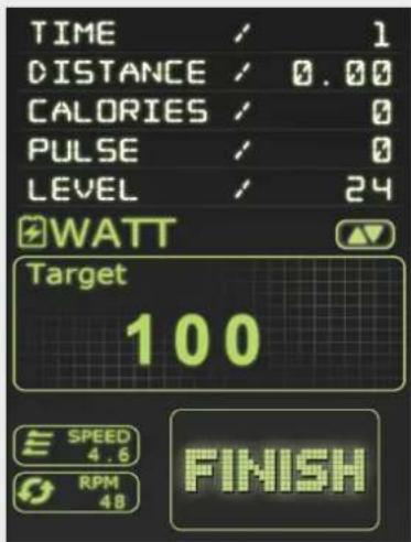 TIME 1 DISTANCE 0.00 CALORIES 0 PULSE 0 LEVEL 24 WATT Target 100 E SPEED 4.6 RPM 48 FINISH