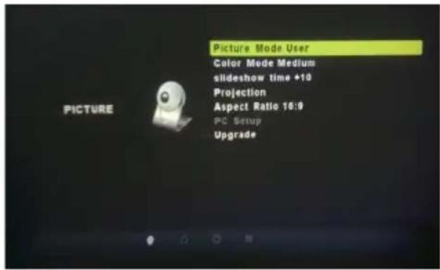 Picture Mode User Color Mode Medium slideshow time +10 Projection Aspect Ratio 16:9 PC Setup Upgrade