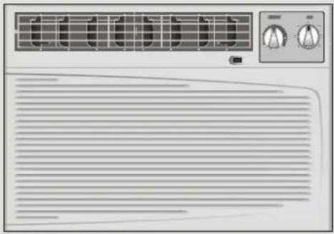 Front view of a white air conditioner unit with ventilation grilles and control knobs (no visible text or symbols)