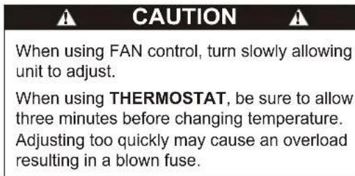 CAUTION When using FAN control, turn slowly allowing unit to adjust. When using THERMOSTAT, be sure to allow three minutes before changing temperature. Adjusting too quickly may cause an overload resulting in a blown fuse.
