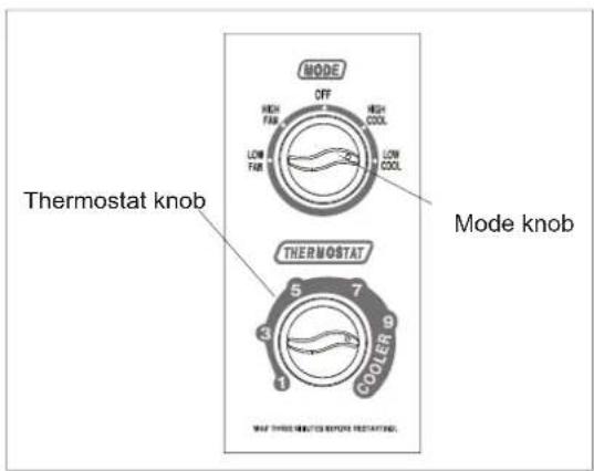 MODE OFF HIGH COOL LOW COOL THERmostat knob Mode knob THERMOSTAT 5 7 3 9 1 COOLER MAF THREE MINUTES BEFORE RESTARTING.