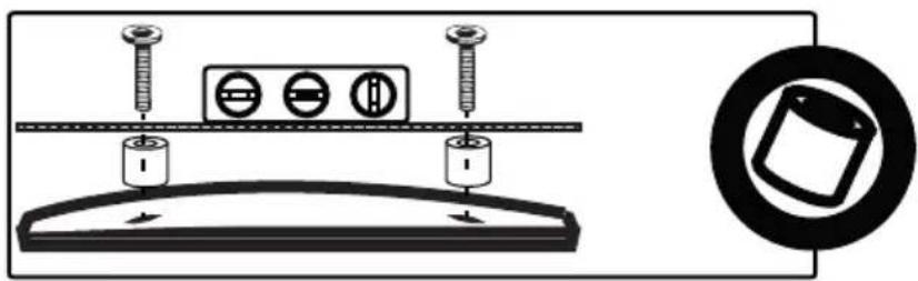 Diagram showing screw installation with three buttons and a magnified view of a mechanical component with a circular symbol.