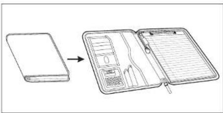 Diagram showing a closed notebook being placed into an open notebook with labeled compartments and pens