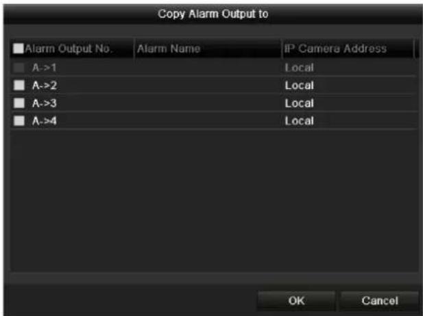 Copy Alarm Output to Alarm Output No. Alarm Name IP Camera Address A->1 Local A->2 Local A->3 Local A->4 Local OK Cancel
