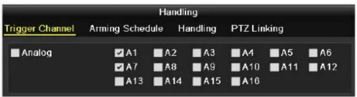 Trigger Channel Handling Arming Schedule Handling PTZ Linking Analog ✓ A1 ✓ A2 ✓ A3 ✓ A4 ✓ A5 ✓ A6 ✓ A7 ✓ A8 ✓ A9 ✓ A10 ✓ A11 ✓ A12 ✓ A13 ✓ A14 ✓ A15 ✓ A16