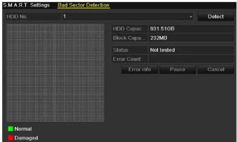 S.M.A.R.T. Settings Bad Sector Detection HDD No. 1 Detect HDD Capac... 931.51GB Block Capa... 232MB Status Not tested Error Count Error info Pause Cancel Normal Damaged