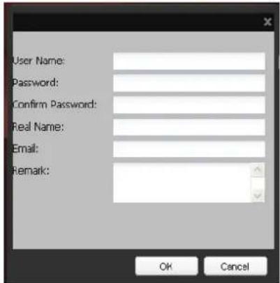 User Name: Password: Confirm Password: Real Name: Email: Remark: OK Cancel