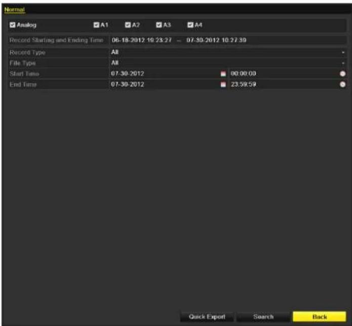 Normal Analog A1 A2 A3 A4 Record Starting and Ending Time 06-18-2012 19:23:27 - 07-30-2012 10:27:39 Record Type All File Type All Start Time 07-30-2012 00:00:00 End Time 07-30-2012 23:59:59 Quick Export Search Back