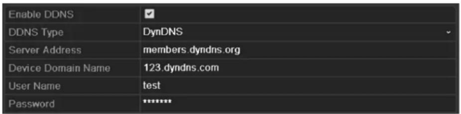 Enable DDNS DDNS Type DynDNS Server Address members.dyndns.org Device Domain Name 123.dyndns.com User Name test Password ********