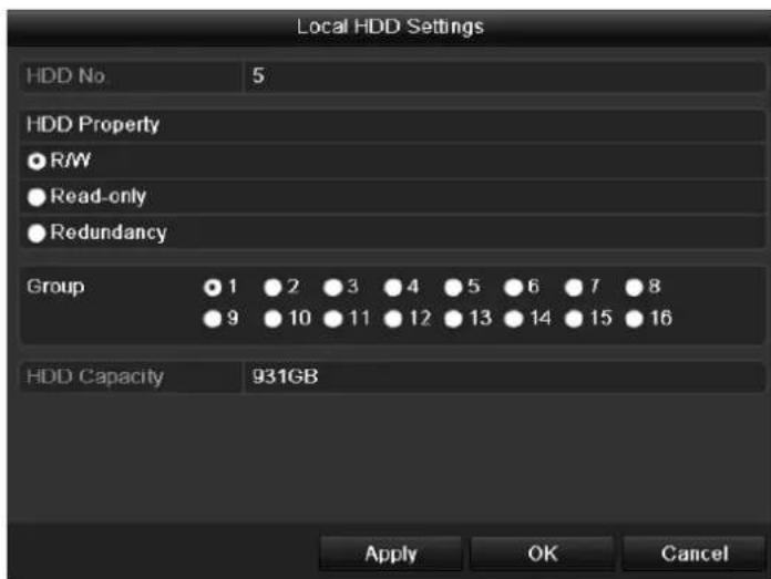Local HDD Settings HDD No 5 HDD Property ● R/W ● Read-only ● Redundancy Group ● 1 ● 2 ● 3 ● 4 ● 5 ● 6 ● 7 ● 8 ● 9 ● 10 ● 11 ● 12 ● 13 ● 14 ● 15 ● 16 HDD Capacity 931GB Apply OK Cancel