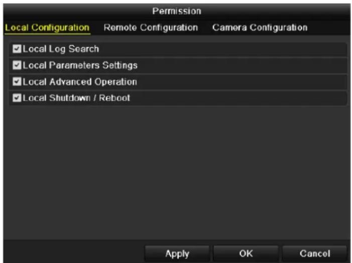 Permission Local Configuration Remote Configuration Camera Configuration ✓ Local Log Search ✓ Local Parameters Settings ✓ Local Advanced Operation ✓ Local Shutdown / Reboot Apply OK Cancel