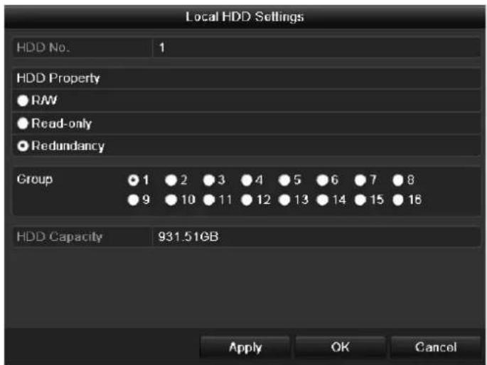Local HDD Settings HDD No. 1 HDD Property ● RW ● Read-only ● Redundancy Group ● 1 ● 2 ● 3 ● 4 ● 5 ● 6 ● 7 ● 8 ● 9 ● 10 ● 11 ● 12 ● 13 ● 14 ● 15 ● 16 HDD Capacity 931.51GB Apply OK Cancel