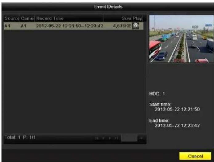 Event Details Source Camel Record Time Size Play A1 A1 2012-05-22 12:21:50-12:23:42 4,676KB HDD: 1 Start time: 2012-05-22 12:21:50 End time: 2012-05-22 12:23:42 Total: 1 P: 1/1 Cancel