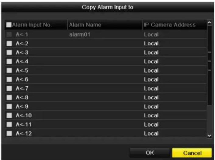 Copy Alarm Input to Alarm Input No. Alarm Name IP Camera Address A<-1 alarm01 Local A<-2 Local A<-3 Local A<-4 Local A<-5 Local A<-6 Local A<-7 Local A<-8 Local A<-9 Local A<-10 Local A<-11 Local A<-12 Local OK Cancel